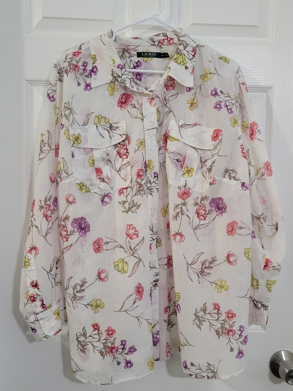 Lauren Ralph Lauren White Sheer Floral Button-Down Blouse with Multicolor Blooms